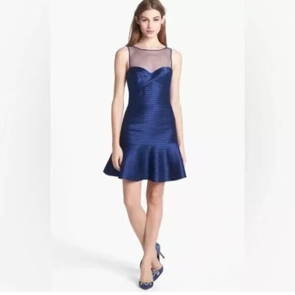 BCBG Max Azria Illusion Neckline Banded Navy Dress- Size 4- NWT - Picture 1 of 4